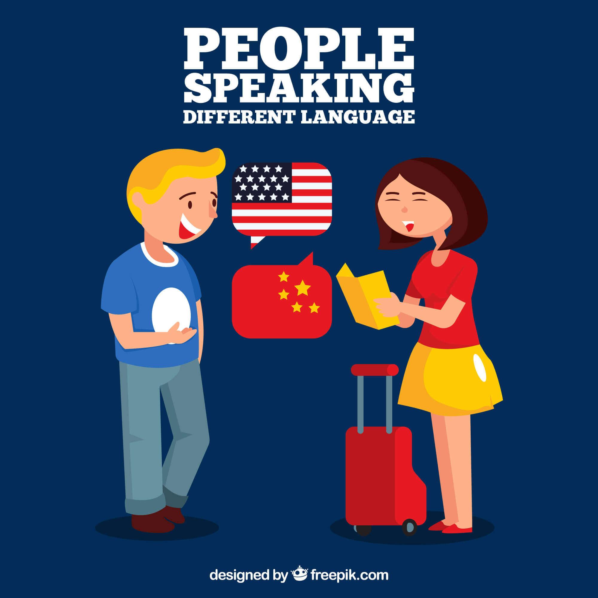 Illustration of a man and a woman speaking different languages, indicated by speech bubbles with US and Chinese flags, emphasizing professional Chinese translation services for global business.