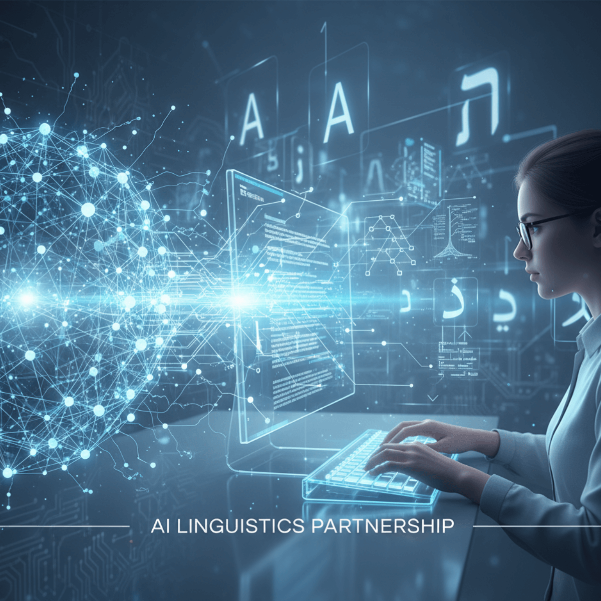 Futuristic scene of a woman sitting at a computer, surrounded by holographic displays of language characters and data. The image represents AI translations in collaboration with human verification, symbolizing advanced technology in linguistics and partnerships.