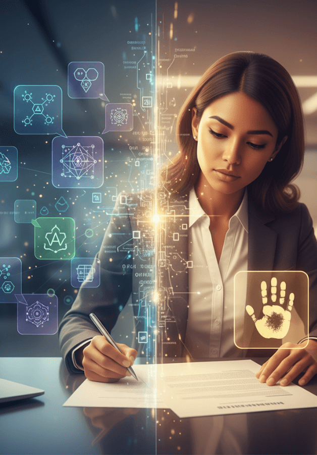 Professional translator working at a desk with digital holographic language symbols, representing certified human-verified translation services in the UK.