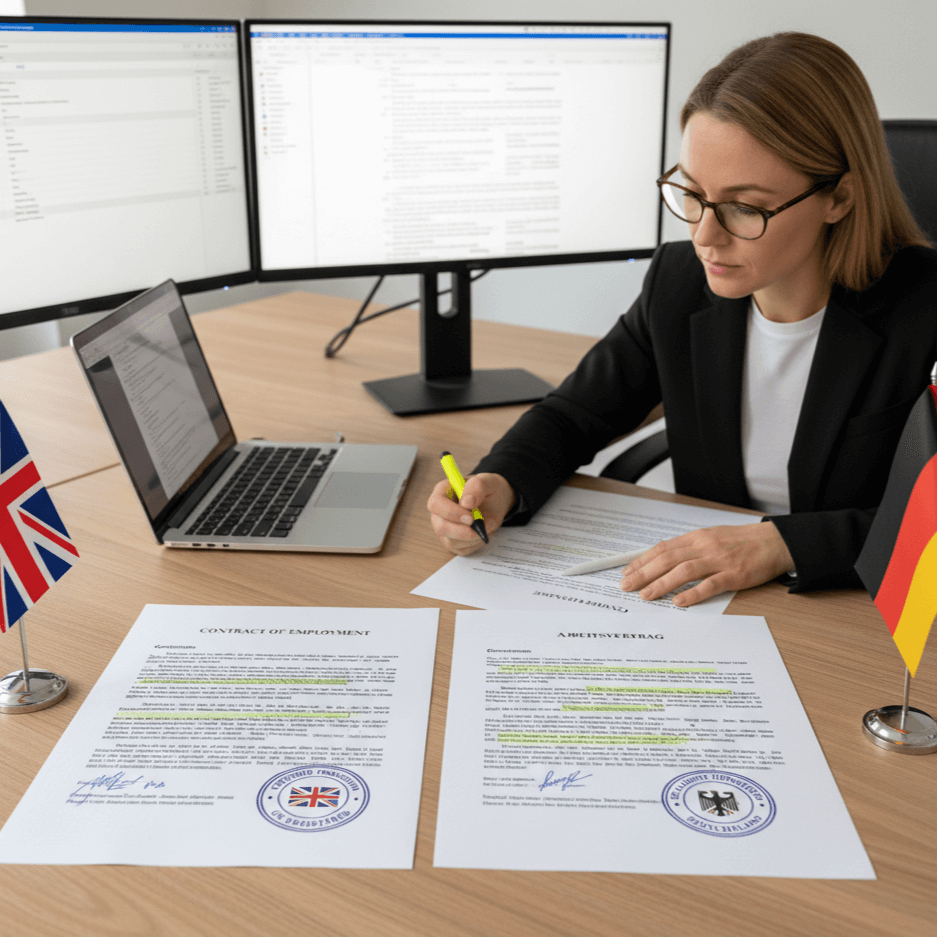 Certified English to German translation of legal documents in a professional UK office.