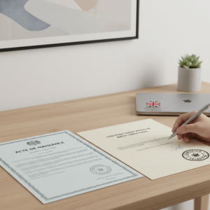 Certified French to English translation of an official document with translator signature and UK-compliant stamp