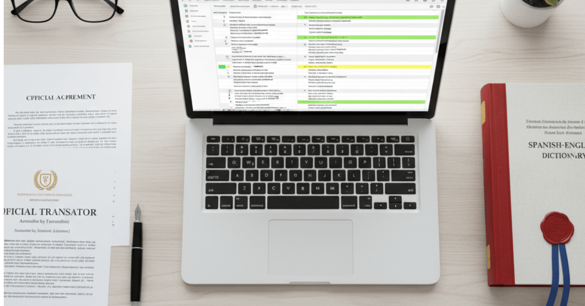 Certified Spanish to English translation setup with translation certificates, documents, and laptop workspace