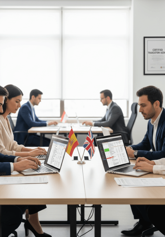 Certified Spanish translation services team working on business document translations between Spanish and English.