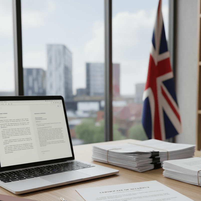 Certified document translation Leicester &ndash; professional translator&rsquo;s desk with official papers and British flag