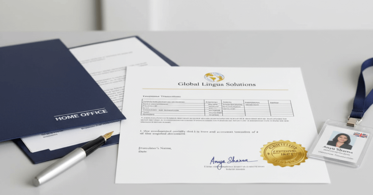 Certified translation document from Global Lingua Solutions with a gold seal, alongside an ID badge and a Home Office folder, representing Pro Translator UK's services.