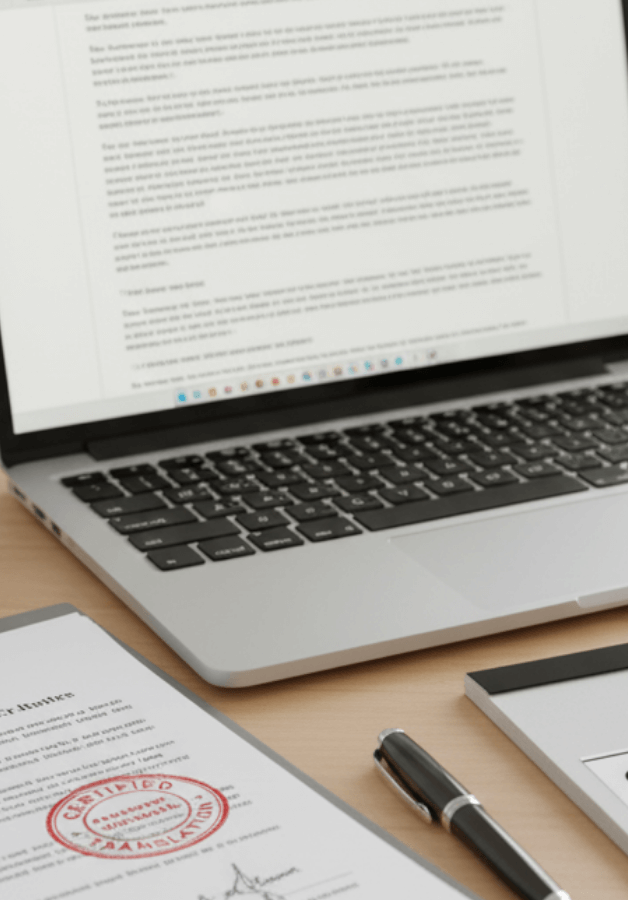Certified translation workspace Manchester UK showing translator verifying documents for UK Home Office submissions
