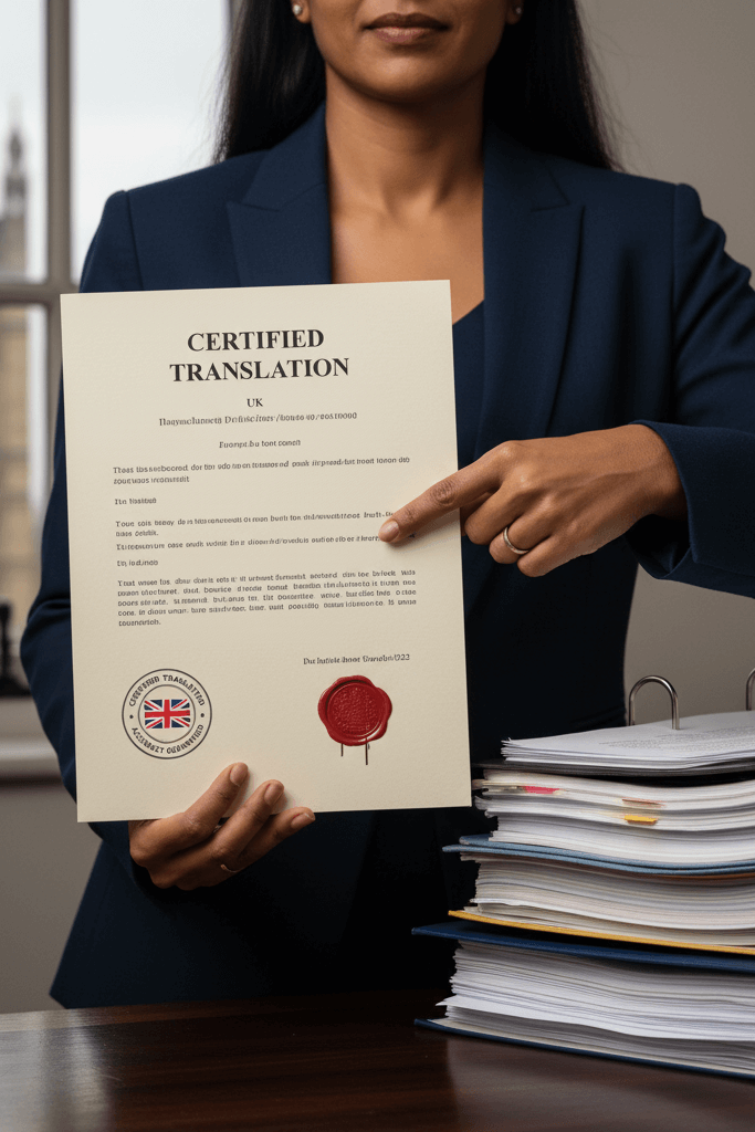 Certified translator in Great Britain holding a signed certificate of accuracy beside legal documents