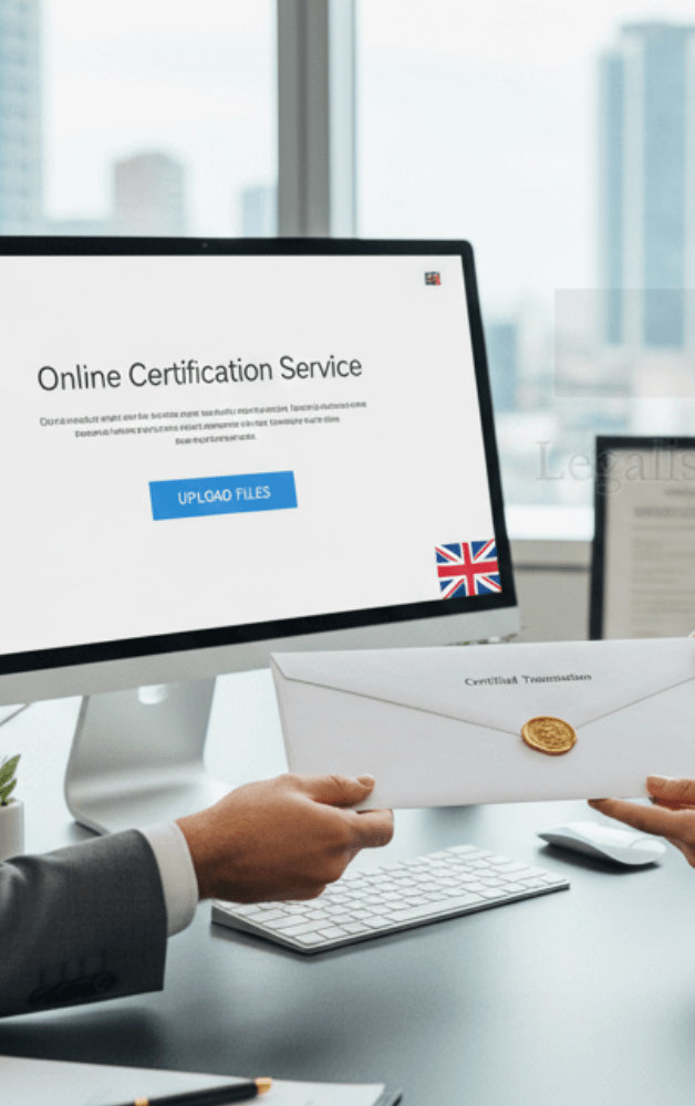Client receiving solicitor-certified and translated documents &mdash; document certification and translation service UK.