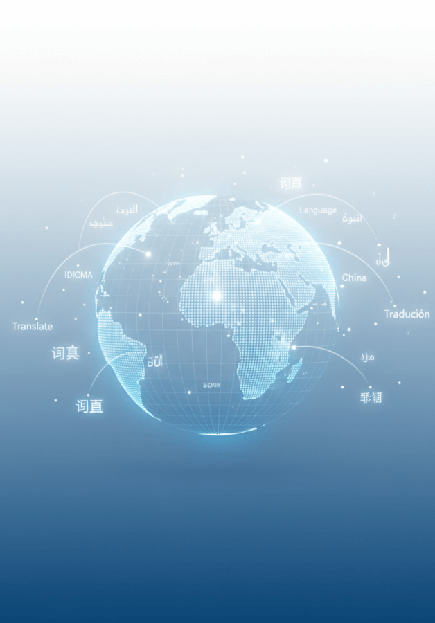 Digital globe displaying translation connections with words 'Translate,' 'IDIOMA,' 'Language,' and others in various languages, symbolizing global AI translations and certified human-verified services.