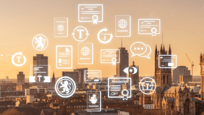 Document translation Leicester &ndash; certified translation services with Leicester skyline and official document icons