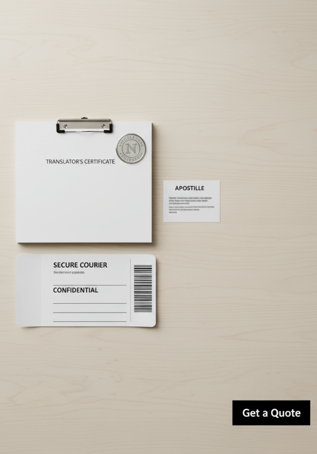 Official documents including a translator's certificate with a notary seal, a secure courier label marked confidential, and an apostille certificate, representing certified and legal translation services in the UK.