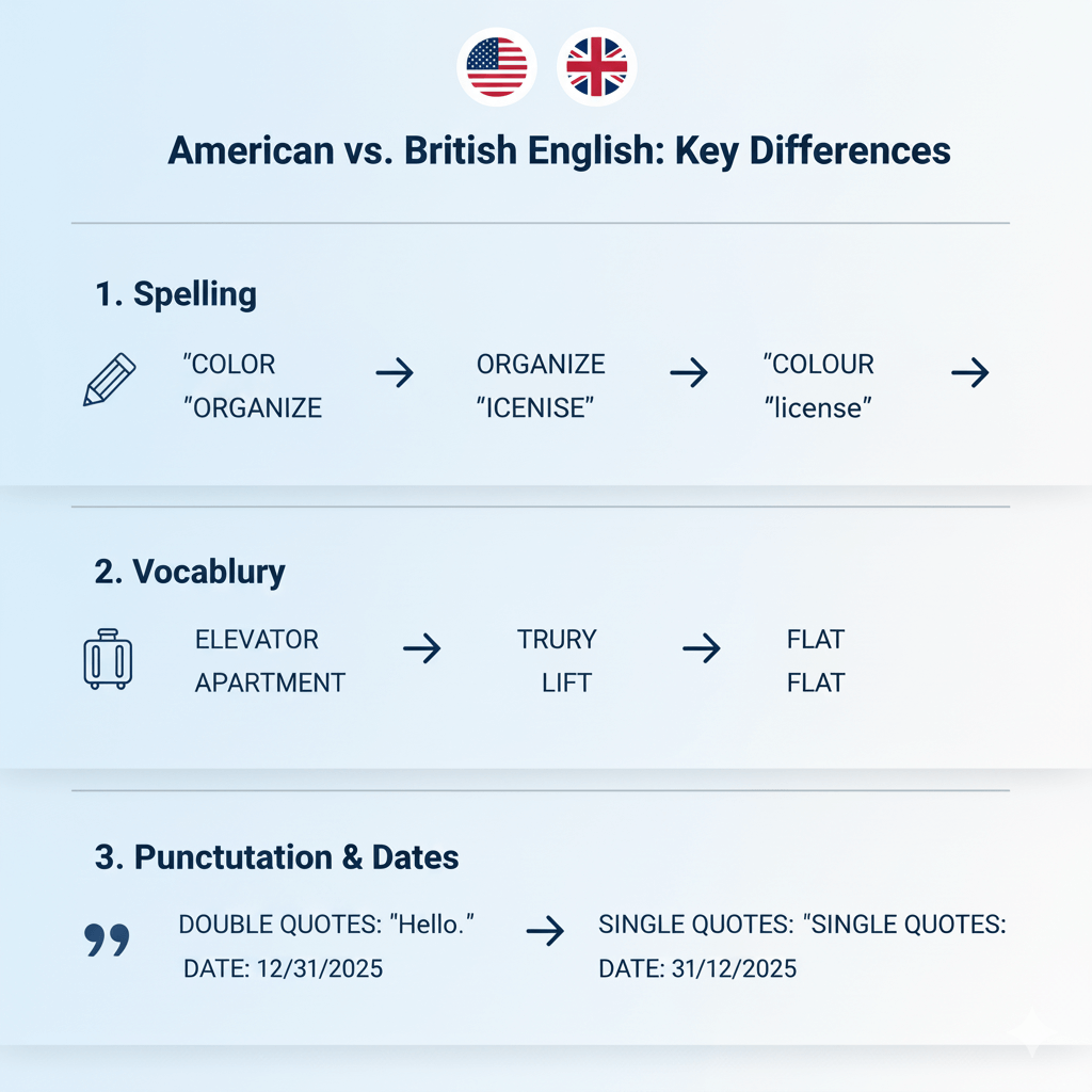 Infographic highlighting spelling, vocabulary, and punctuation differences between American and British English in a clean, educational layout.