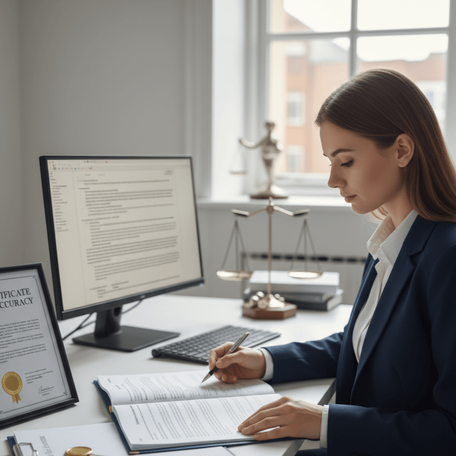 Legal translator reviewing bilingual certified documents with notary seal &ndash; Legal Document Translation Services by Transcribe Lingo