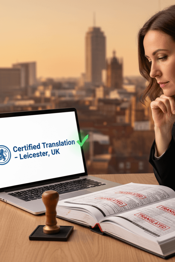 Leicester document translator reviewing certified translation with notary stamp and laptop displaying UKVI compliance