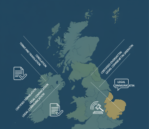 Map of Scotland highlighting Scots language regions with text overlay showing English to Scots translation and legal document icons