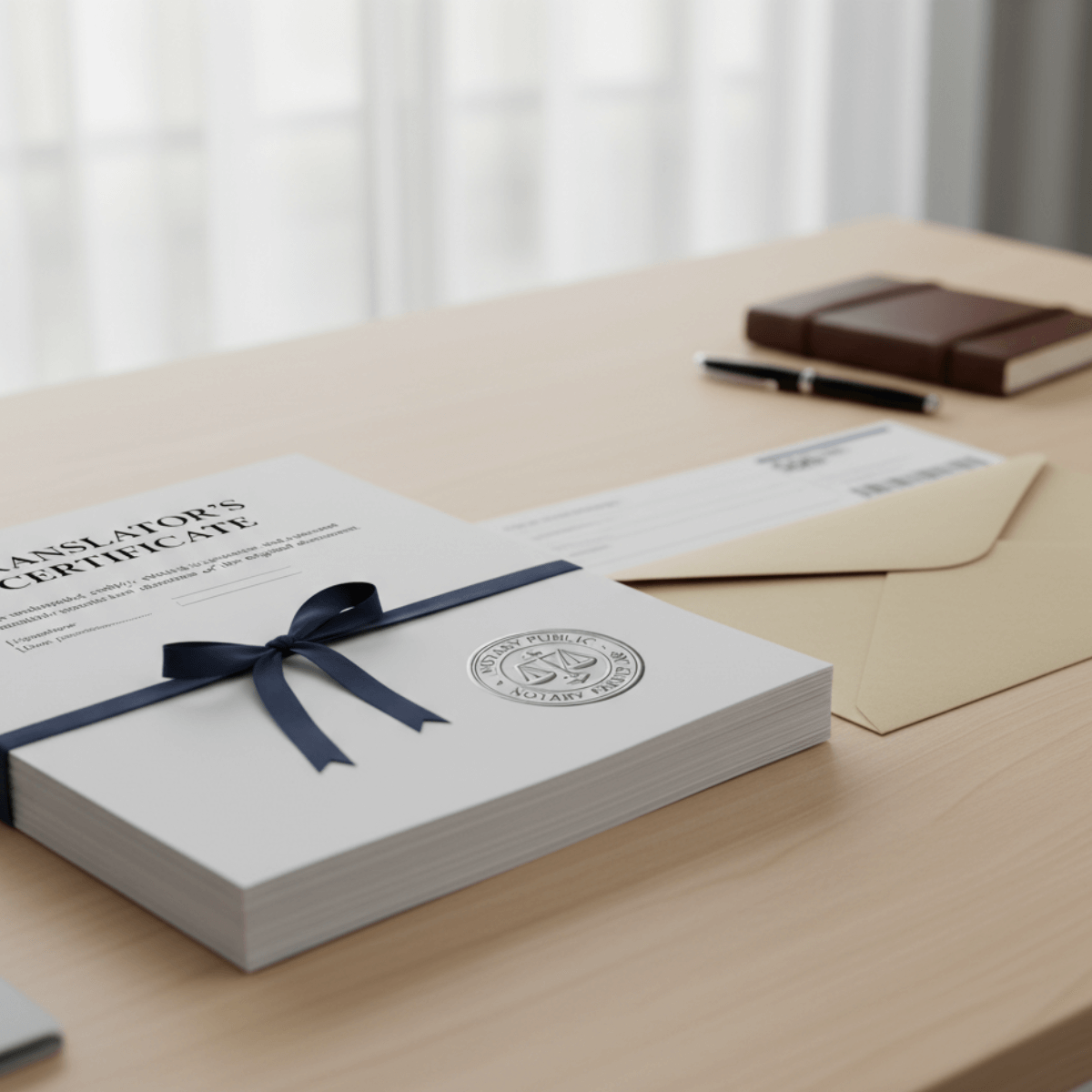 Notarised translation documents on a desk, featuring a translator's certificate with a blue ribbon and notary seal. Accompanied by an envelope, pen, and notepad with a printed check. Ideal for certified and legal translation services in the UK.