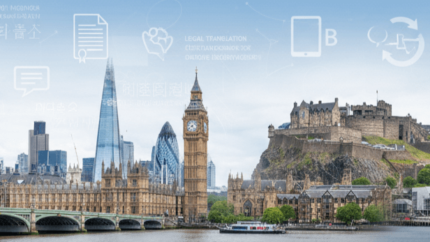 Panoramic banner showing Great Britain landmarks with document icons symbolising nationwide translation services