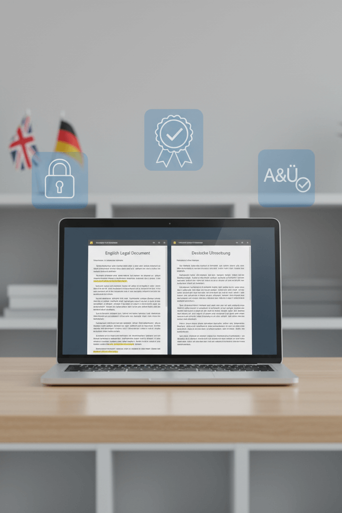 Professional English to German translation service showing legal document conversion for UK authorities.