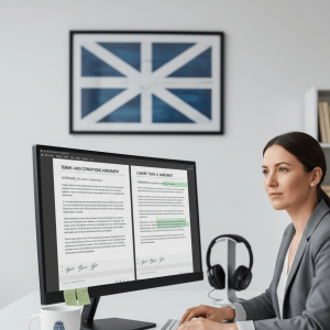 Professional Scots translator comparing English and Scots legal documents side by side on a computer