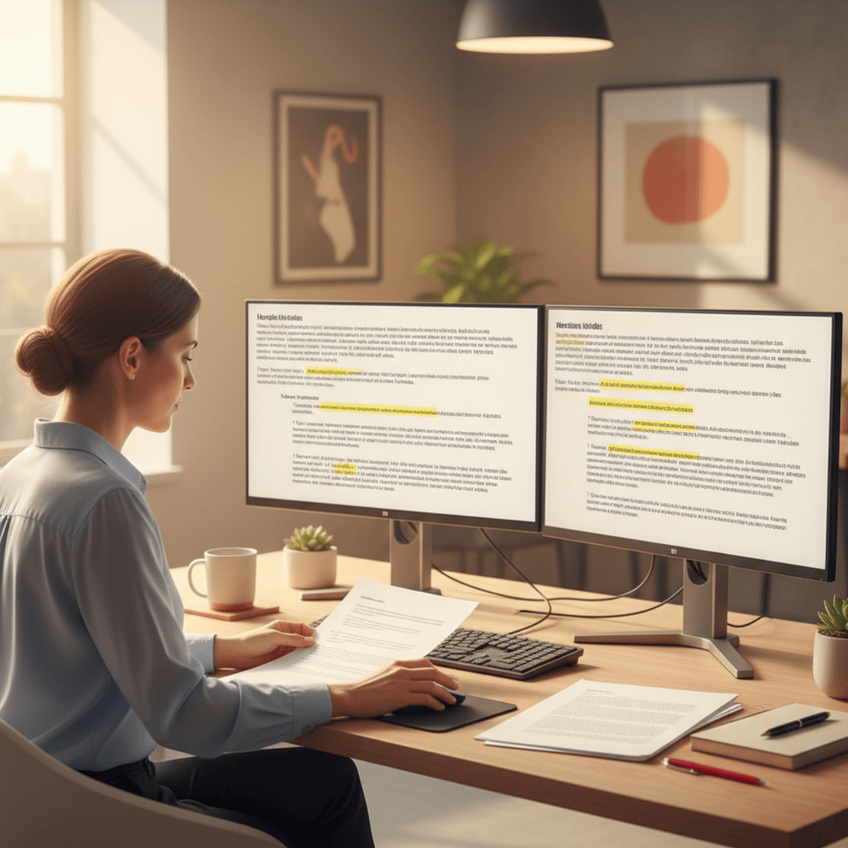 Professional Spanish to English translator reviewing legal documents in a modern office setting