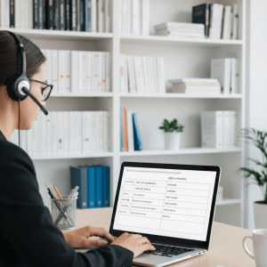 Professional linguist performing French to English translation on computer in modern office setting