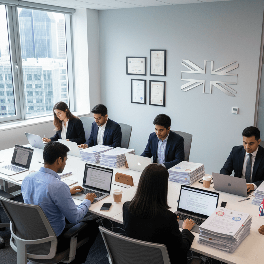 Professional translation agency team in Great Britain reviewing legal documents with UK flag in background