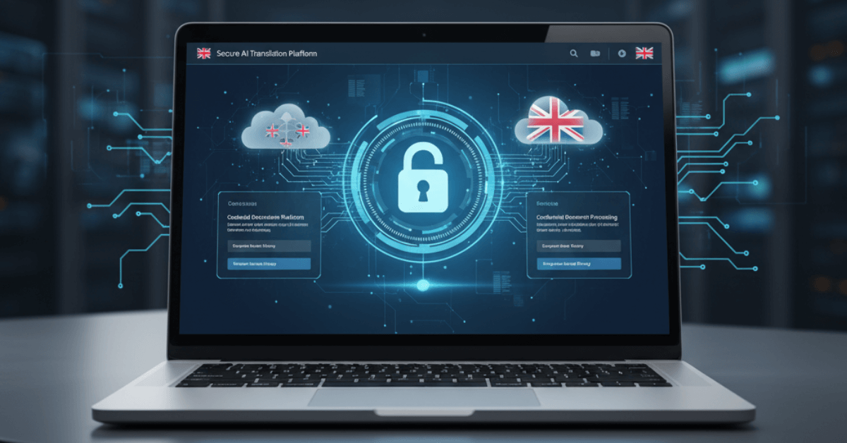 Laptop displaying a secure AI translation platform interface with a central lock icon symbolizing security. Background includes cloud icons with British flags, indicating data transfer and processing. Circuit-like lines emphasize technological connectivity. Keywords: AI Translations, Secure Platform, Human-Verified Services.