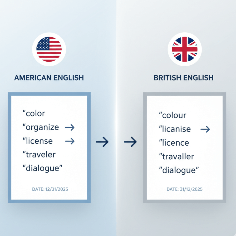 Side-by-side comparison showing American to British English text conversion with examples like color&rarr;colour and date formats adapted to UK style.
