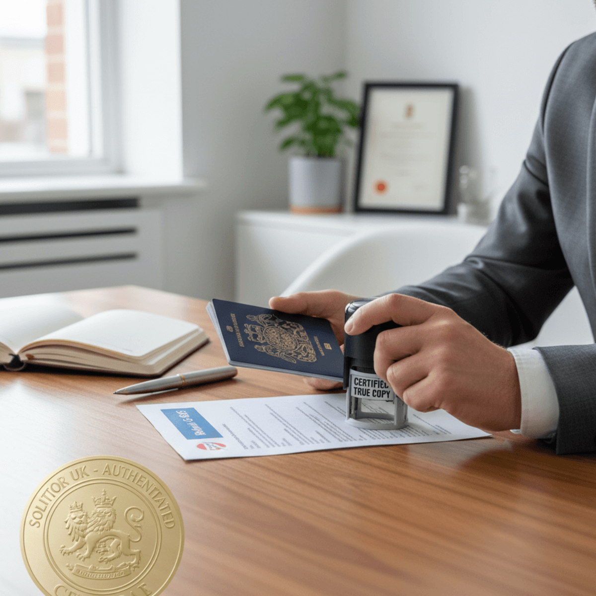 Solicitor certifying passport and bank statement &mdash; document certification UK true copy stamp near me.