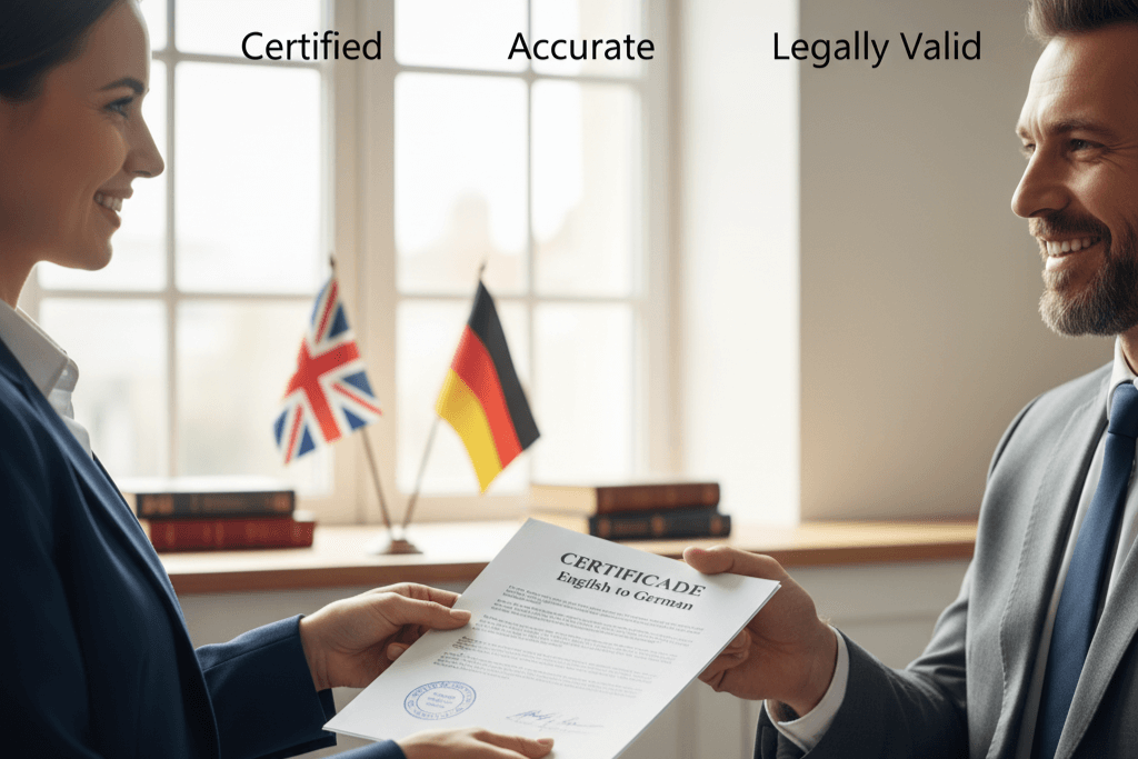 Translator delivering certified English to German translation for legal and official use.