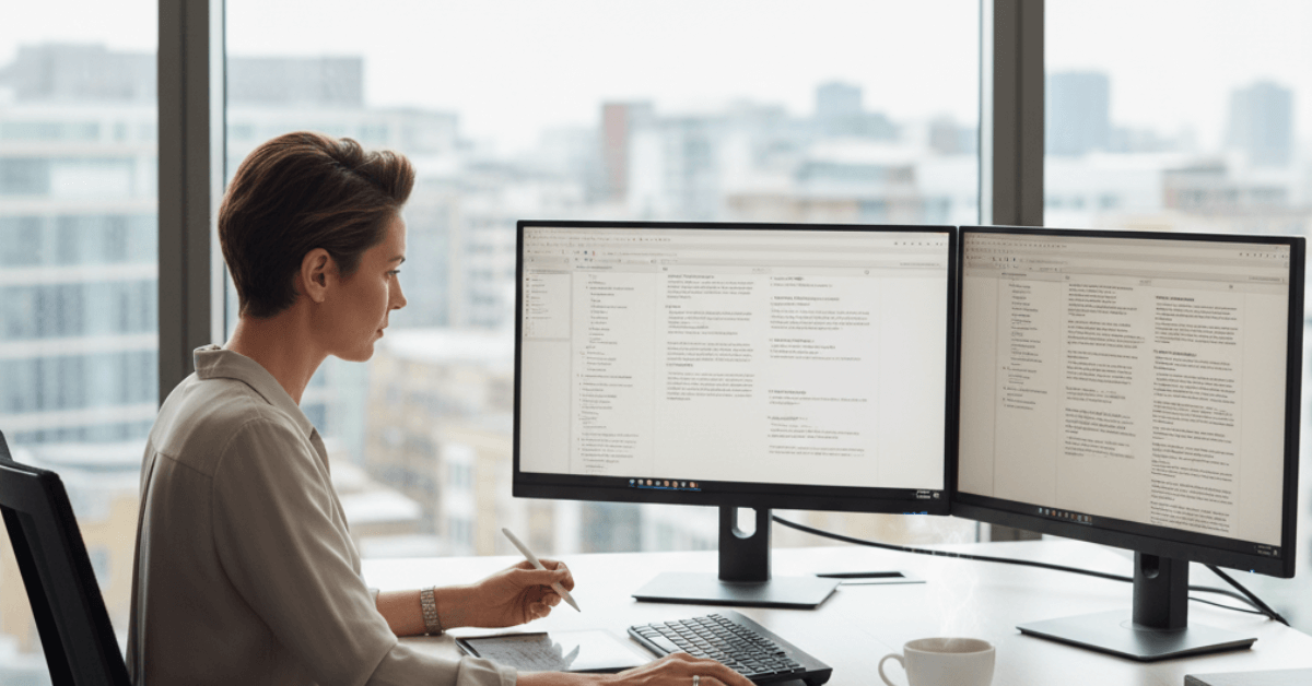 Translator in London office reviewing certified documents for translation companies in the UK