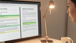 Translator reviewing and certifying Scots to English translation documents at a professional desk