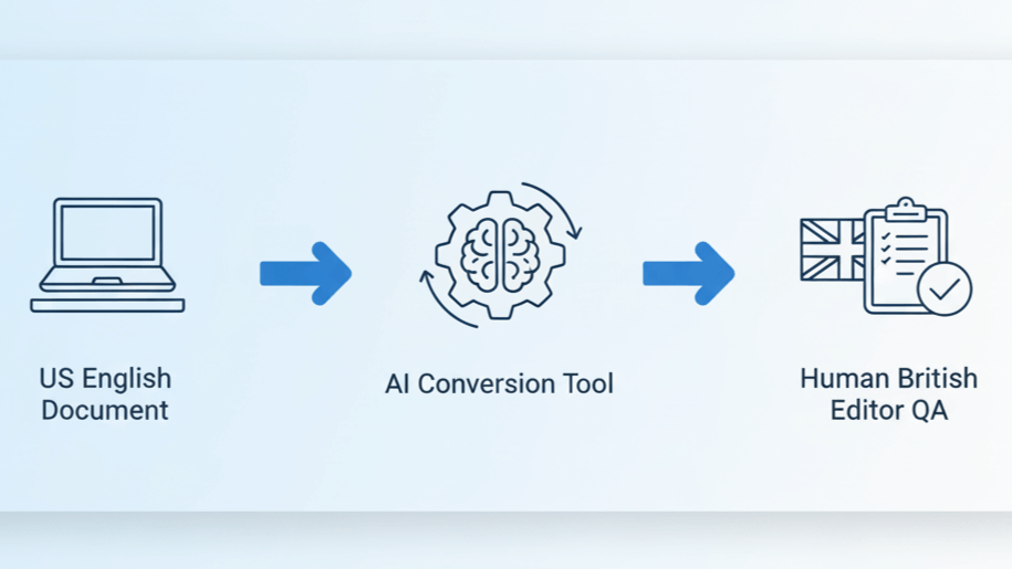 Workflow showing US to UK English conversion process: document passes through AI converter and British editor for final review.