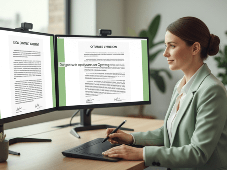 Female professional reviewing legal documents on dual monitors, with one screen displaying a document titled 'Legal Contract Agreement' and the other showing the Welsh translation 'Cytundeb Cyfreithiol'. Enhances the theme of certified Welsh legal translation services.