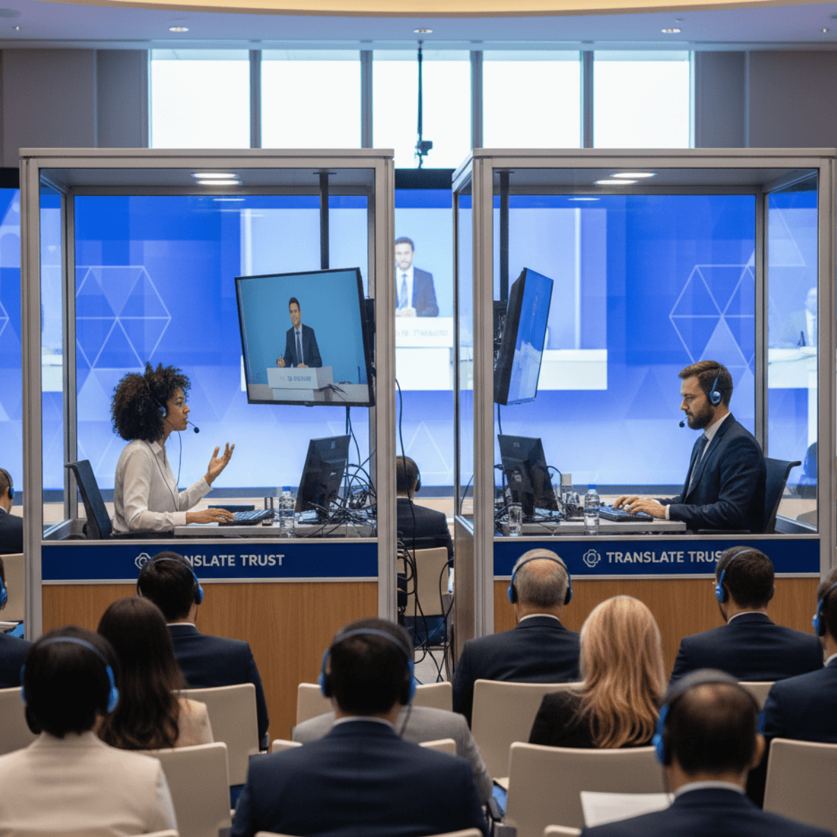 simultaneous language interpreters working in booths at a UK conference &mdash; professional interpreting services for international events