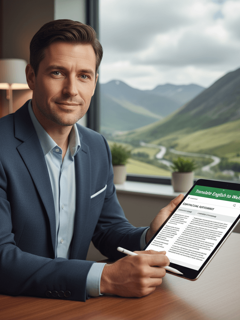 A professionally dressed man sitting in an office holding a tablet displaying a document titled 'Translate English to Welsh.' The office has a large window with a scenic view of green hills and a winding road, emphasizing a connection to Wales and professional legal translation services.