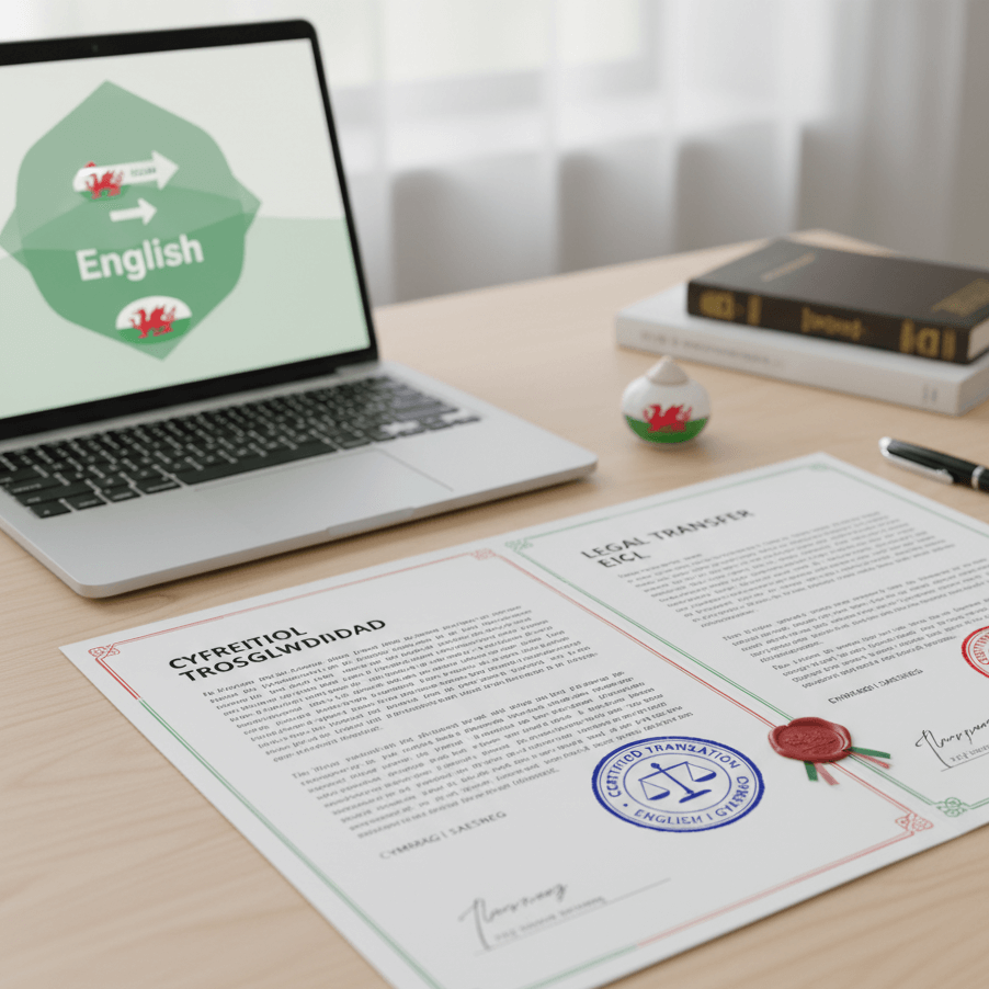 welsh translate &mdash; bilingual english to welsh legal document on desk with translation stamp and laptop showing cymraeg to english