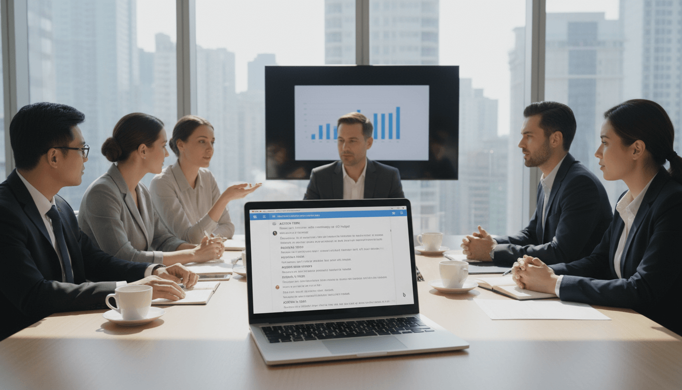 Business meeting being recorded for financial transcription