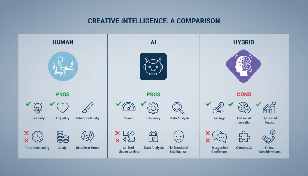 Comparison chart showing pros and cons of human transcription vs AI transcription vs hybrid models.
