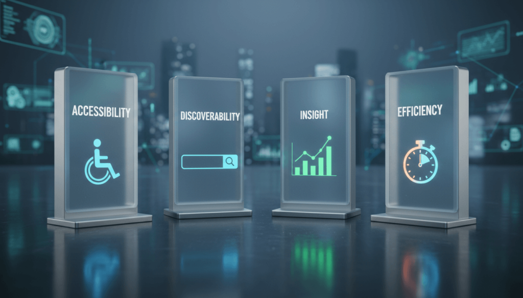 Four-pillar diagram illustrating accessibility, discoverability, insight, and efficiency as key benefits of transcription.