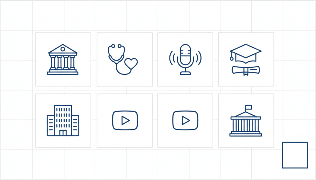 Grid of industry icons showing who uses transcription services, including legal, healthcare, business, media, education, and government.