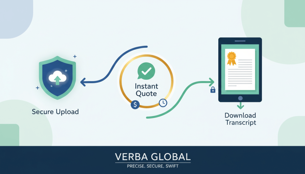 Illustration showing secure file upload, quote approval, and downloading a final transcript to represent the Transcribe Lingo onboarding process.
