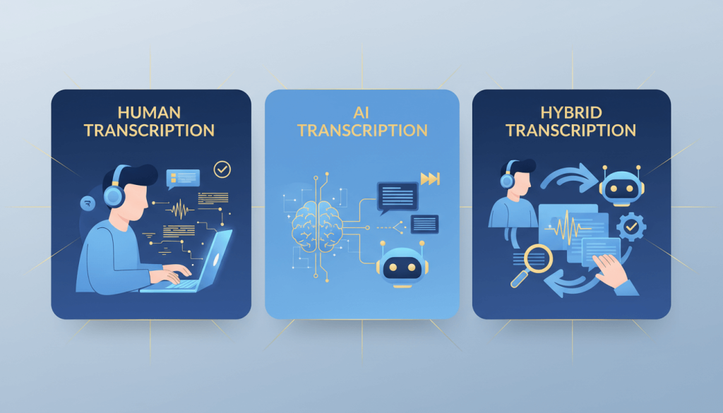 Infographic comparing human transcription, AI transcription, and hybrid workflows.
