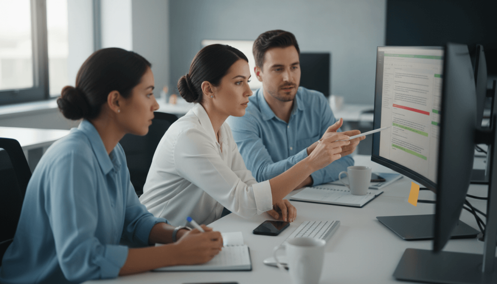 Medical transcription editors checking AI-generated reports for accuracy and quality