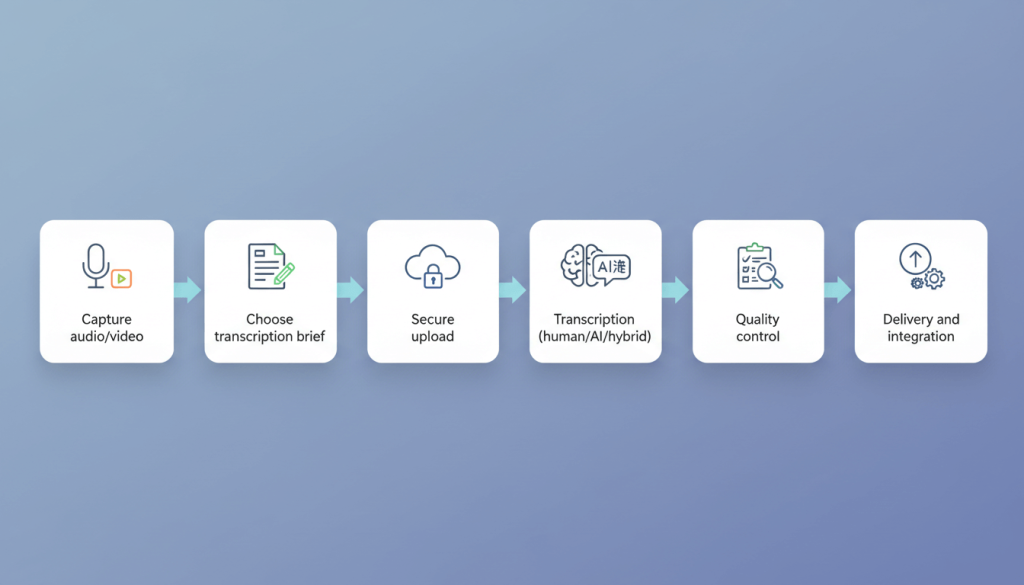 Six-step workflow diagram showing the end-to-end transcription process.