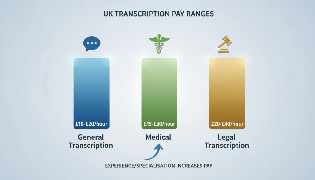 UK transcribing jobs pay comparison for general medical and legal transcription