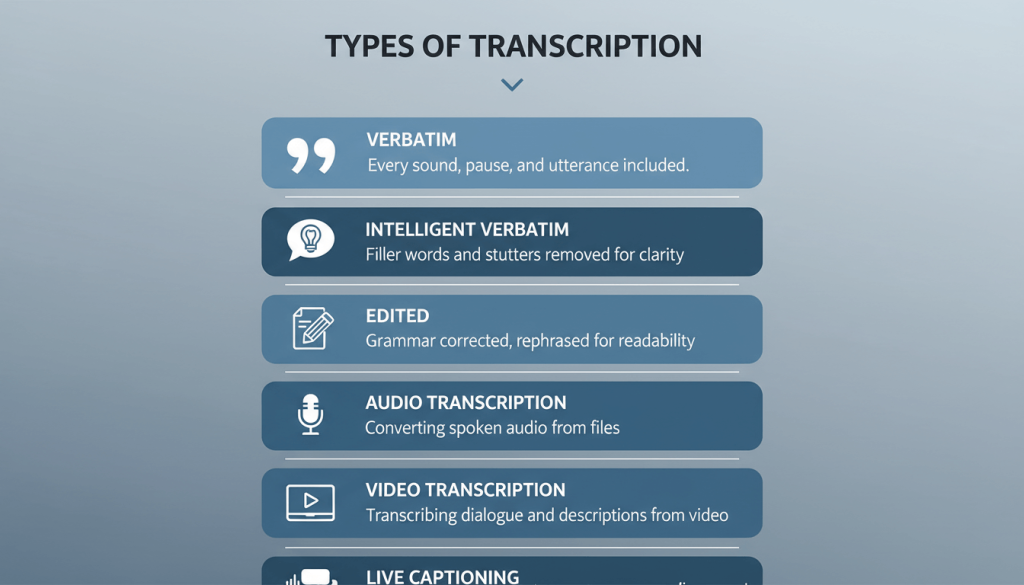 Vertical infographic showing the main types of transcription services by detail and format.