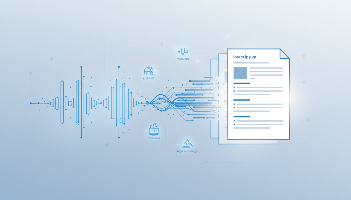 Waveform transforming into a structured text document, representing how transcription converts spoken audio into written text