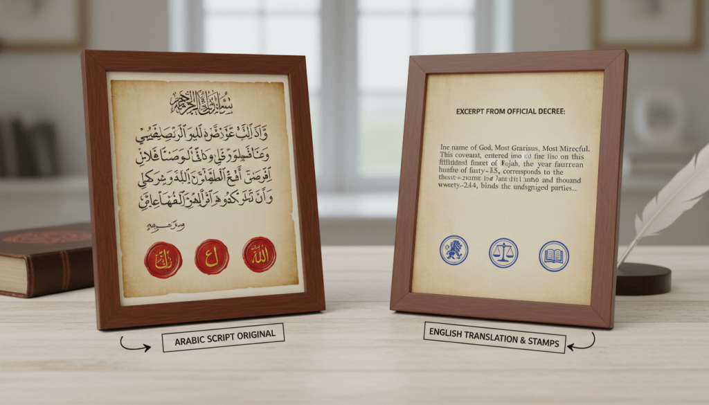 Arabic to English certified translation with aligned formatting and labelled stamps
