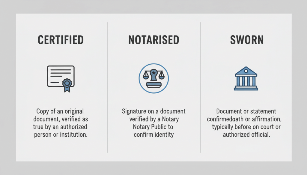 Certified vs notarised vs sworn translation comparison